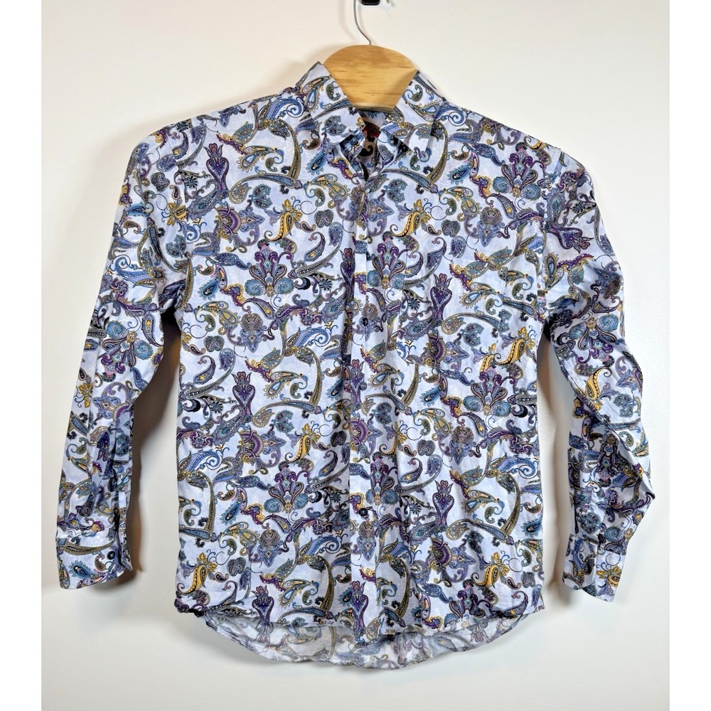 Alan Flusser Men's Large Long Sleeve Bright Purple Blue Paisley Flip‎ Cuff Shirt - Picture 3 of 5
